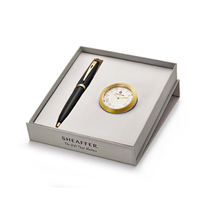 Sheaffer 9471 Sagaris Ballpoint Pen – Black with Gold Tone Trim and Gold Chrome Table Clock Combination